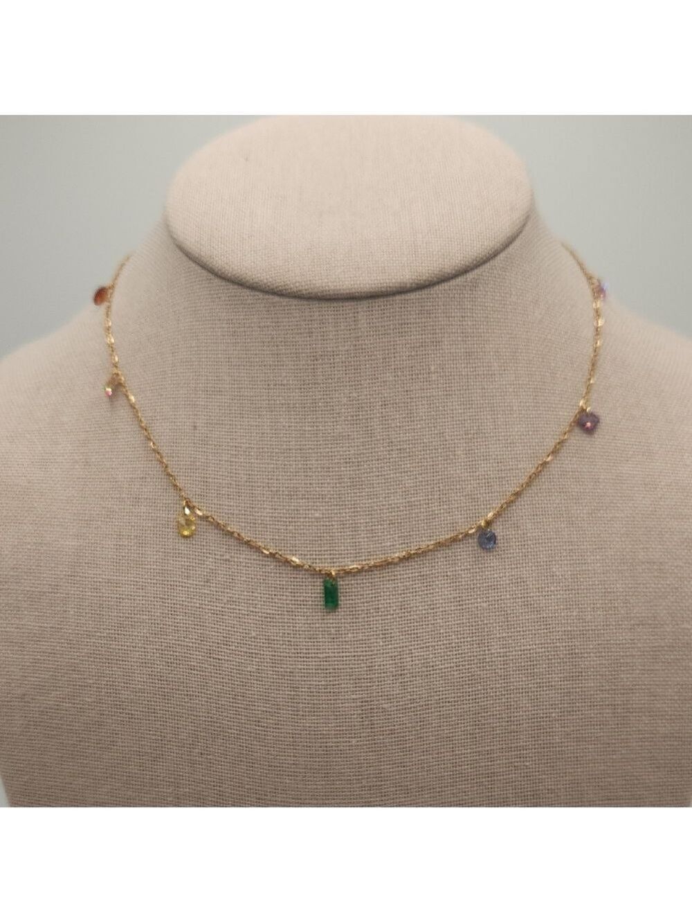 Elegant Gold Multicolor Simulated Gemstone Necklace, 18k Gold Plated SS - Picture 3 of 10